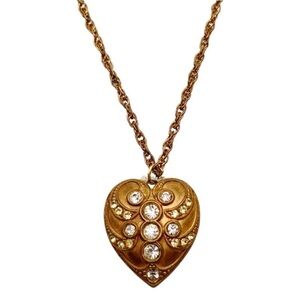Vintage Bronze Tone Victorian Style Crystal Rhinestone Inlay Heart Pendant